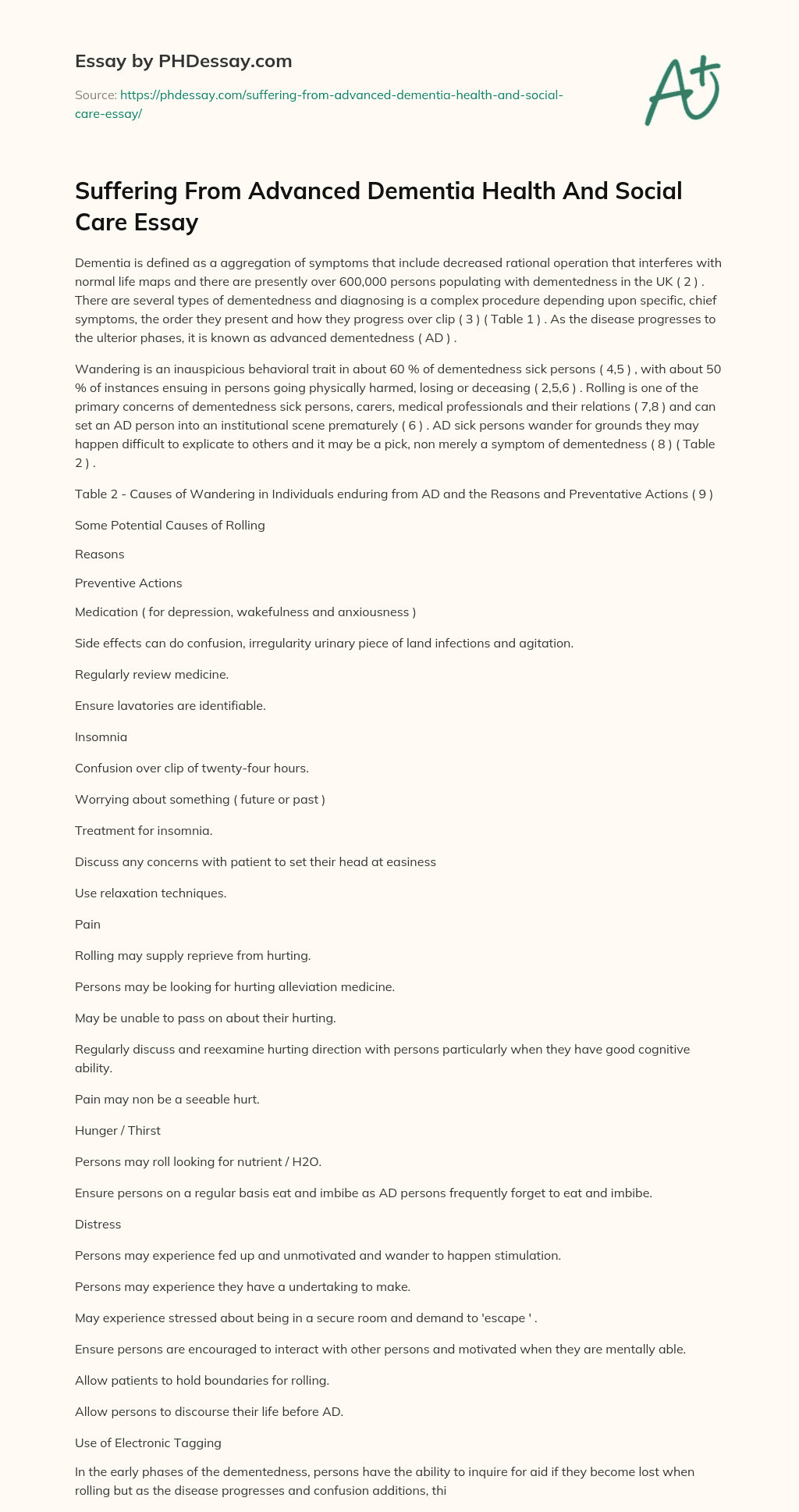 Suffering From Advanced Dementia Health And Social Care Essay essay