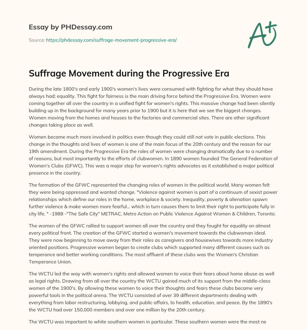 Suffrage Movement during the Progressive Era essay