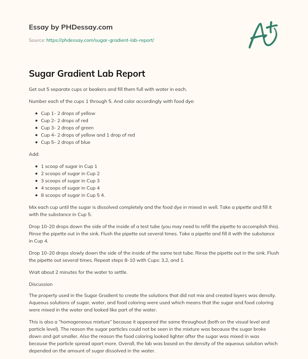 Sugar Gradient Lab Report essay
