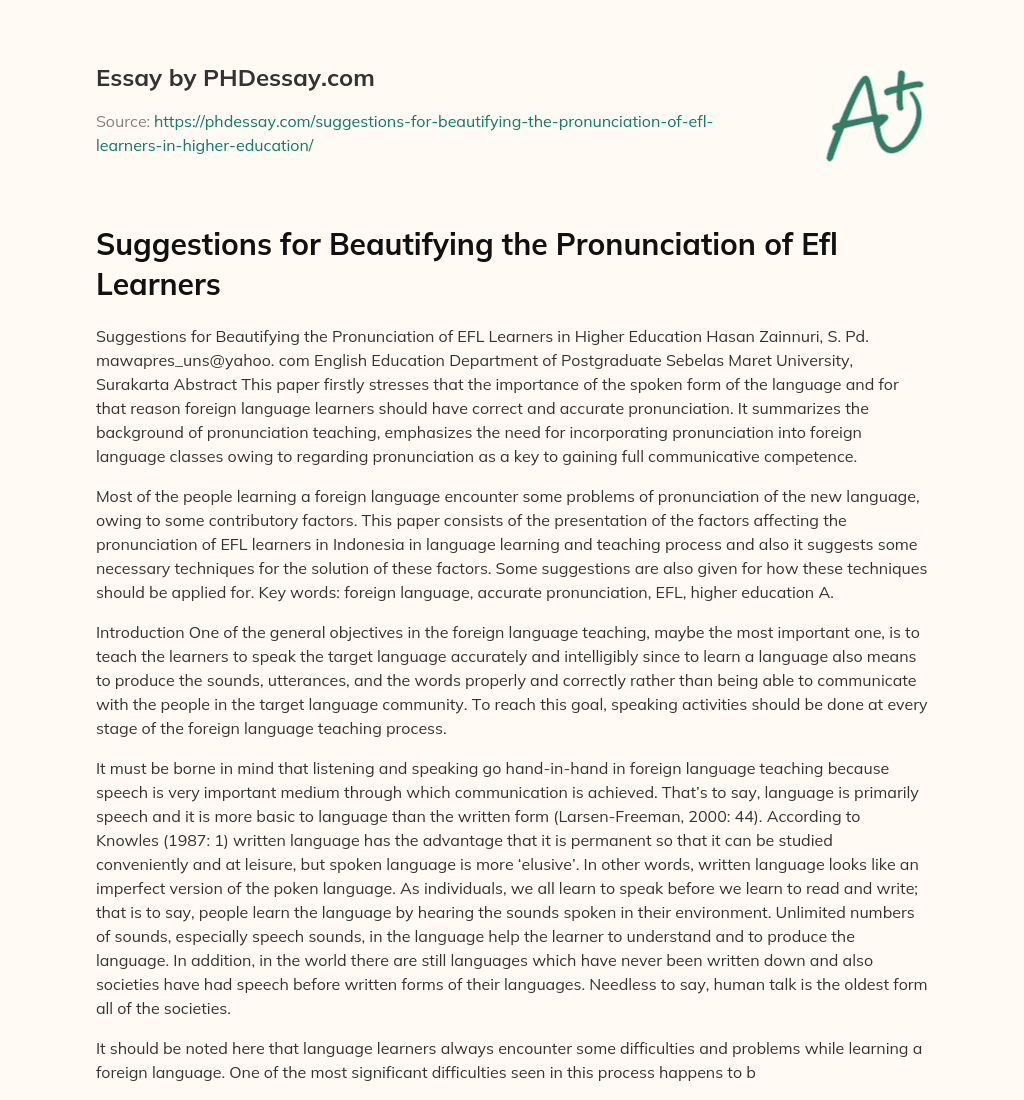 Suggestions for Beautifying the Pronunciation of Efl Learners essay