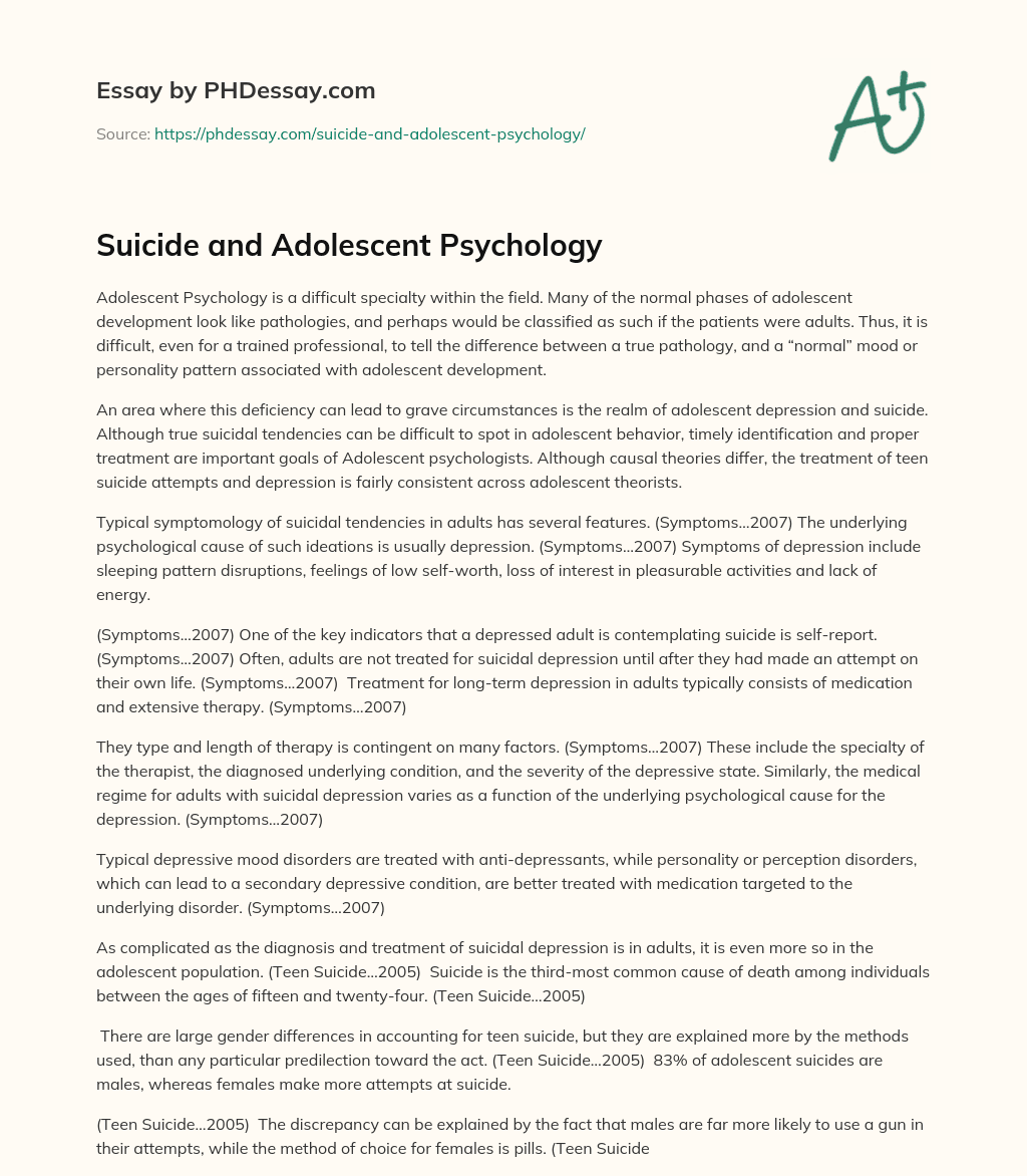 Suicide and Adolescent Psychology essay