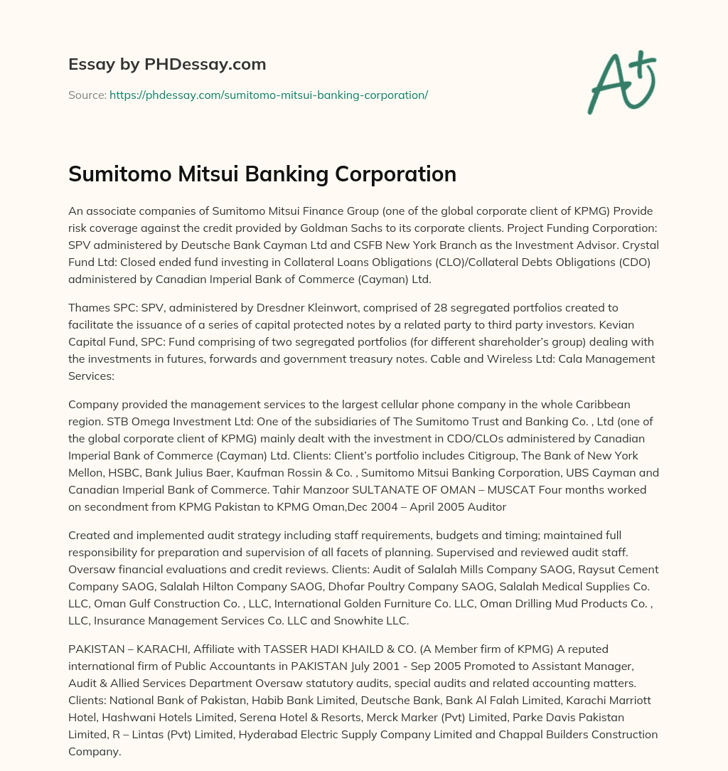 Sumitomo Mitsui Banking Corporation essay