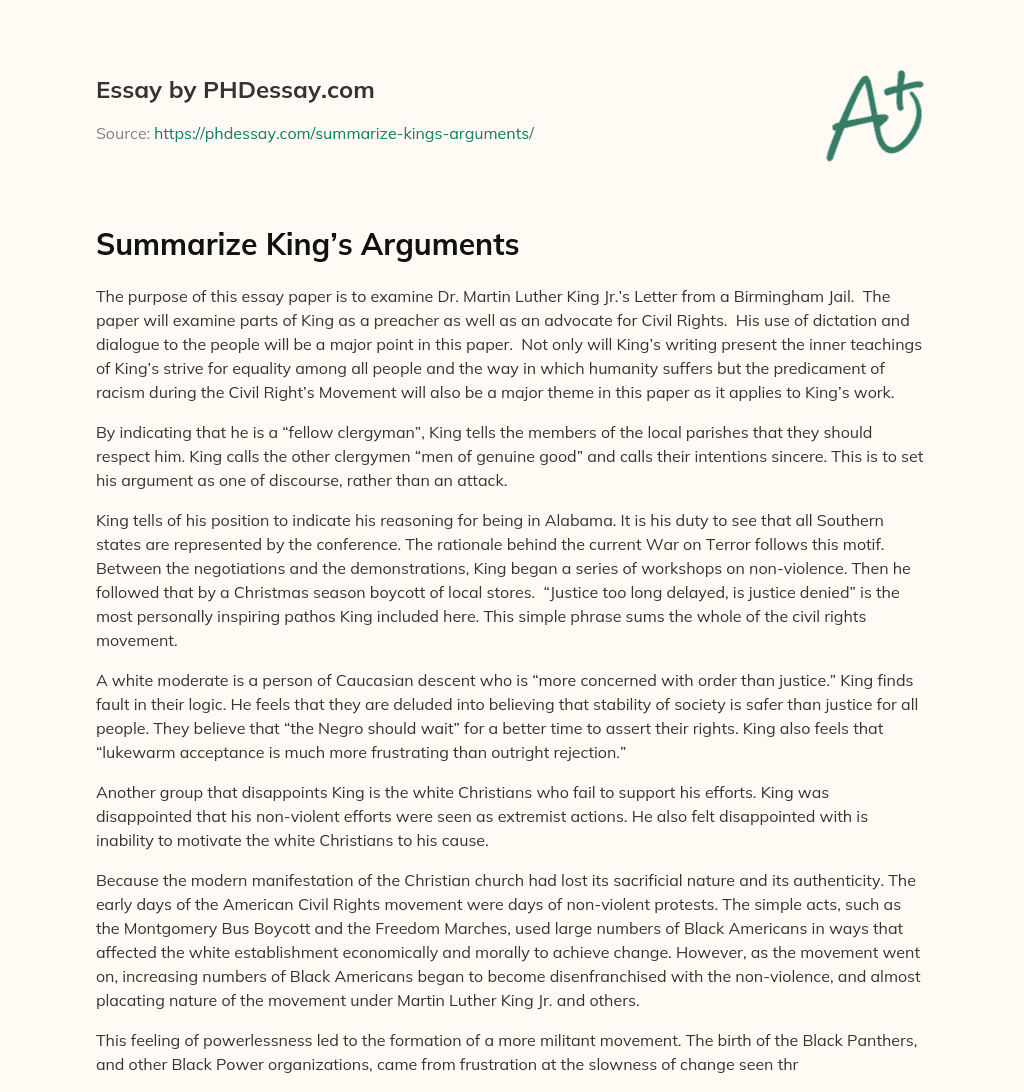 Summarize King’s Arguments essay