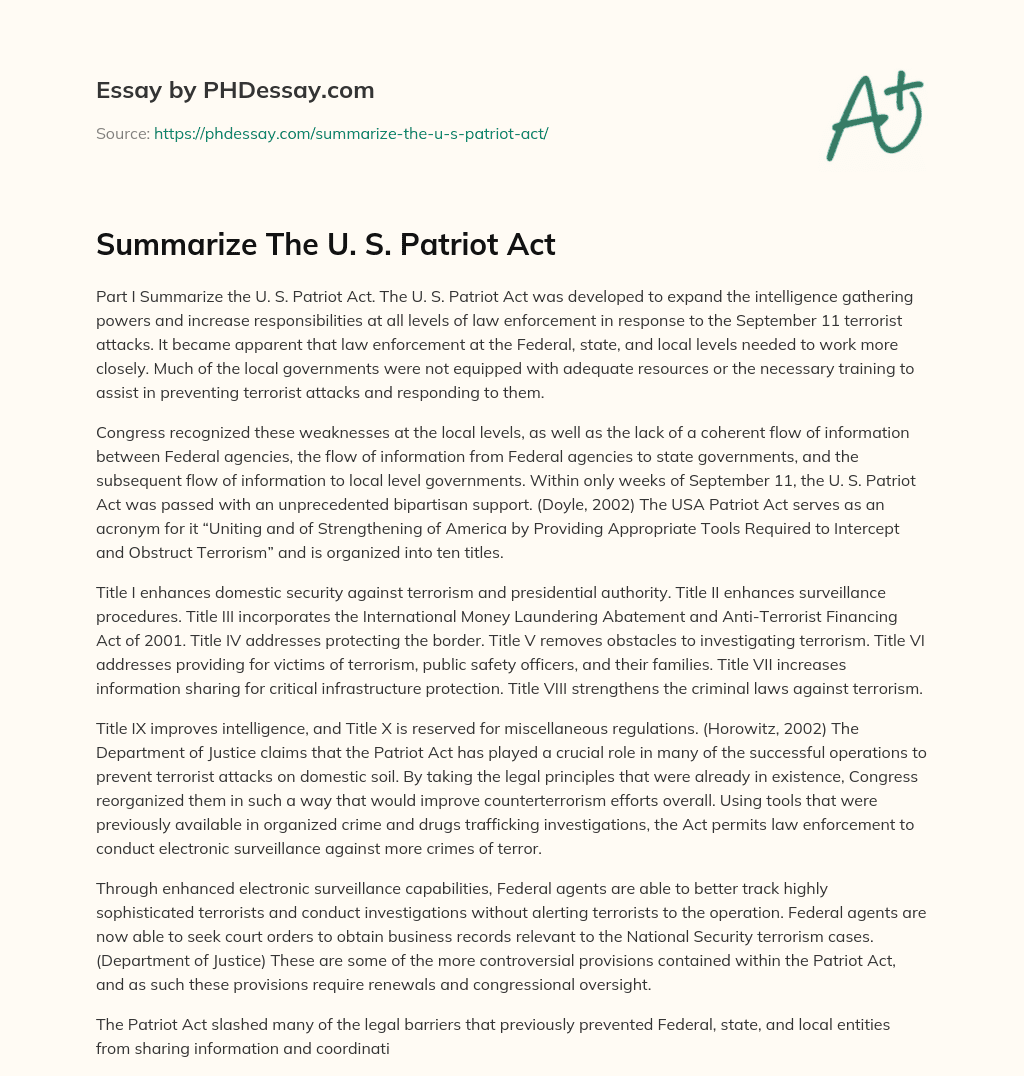 Summarize The U. S. Patriot Act essay