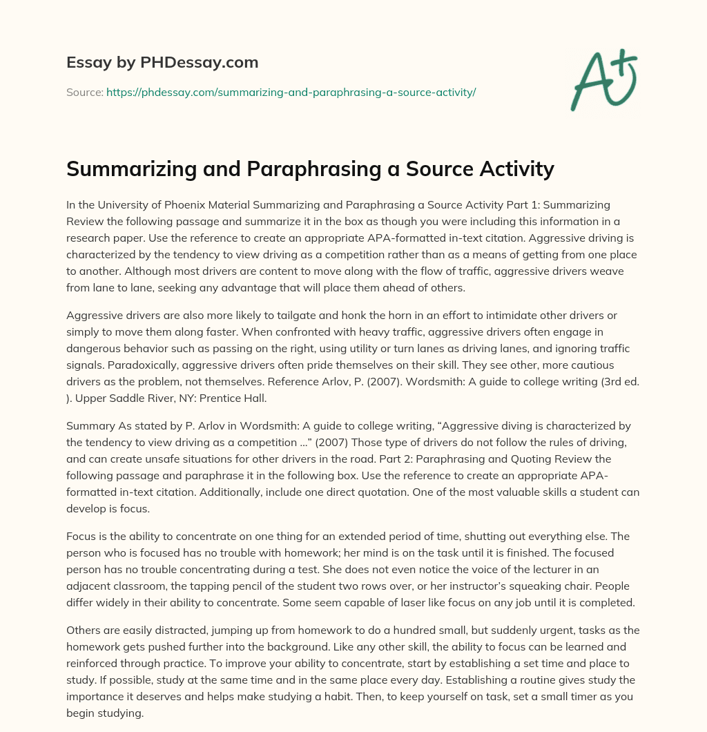 Summarizing and Paraphrasing a Source Activity essay