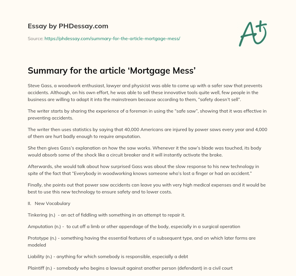 Summary for the article ‘Mortgage Mess’ essay