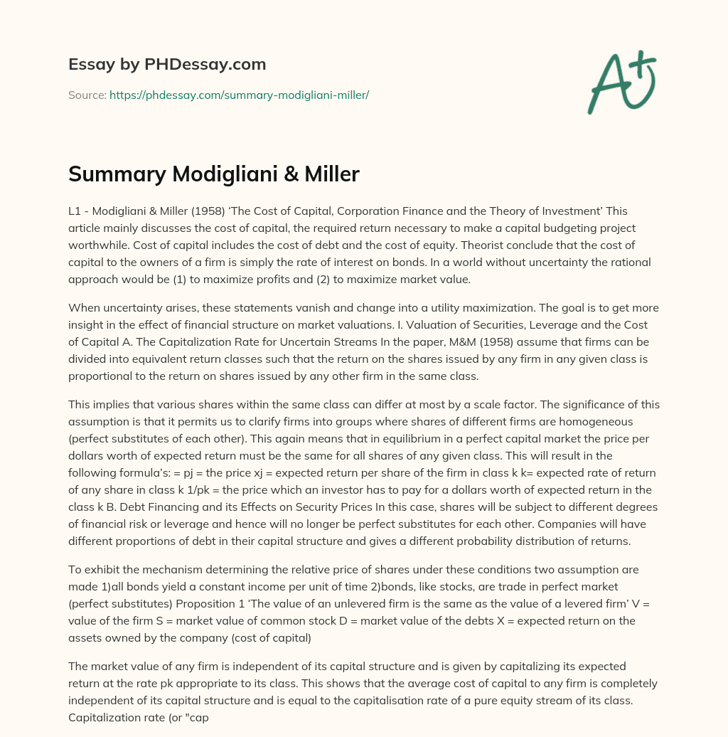 Summary Modigliani & Miller essay