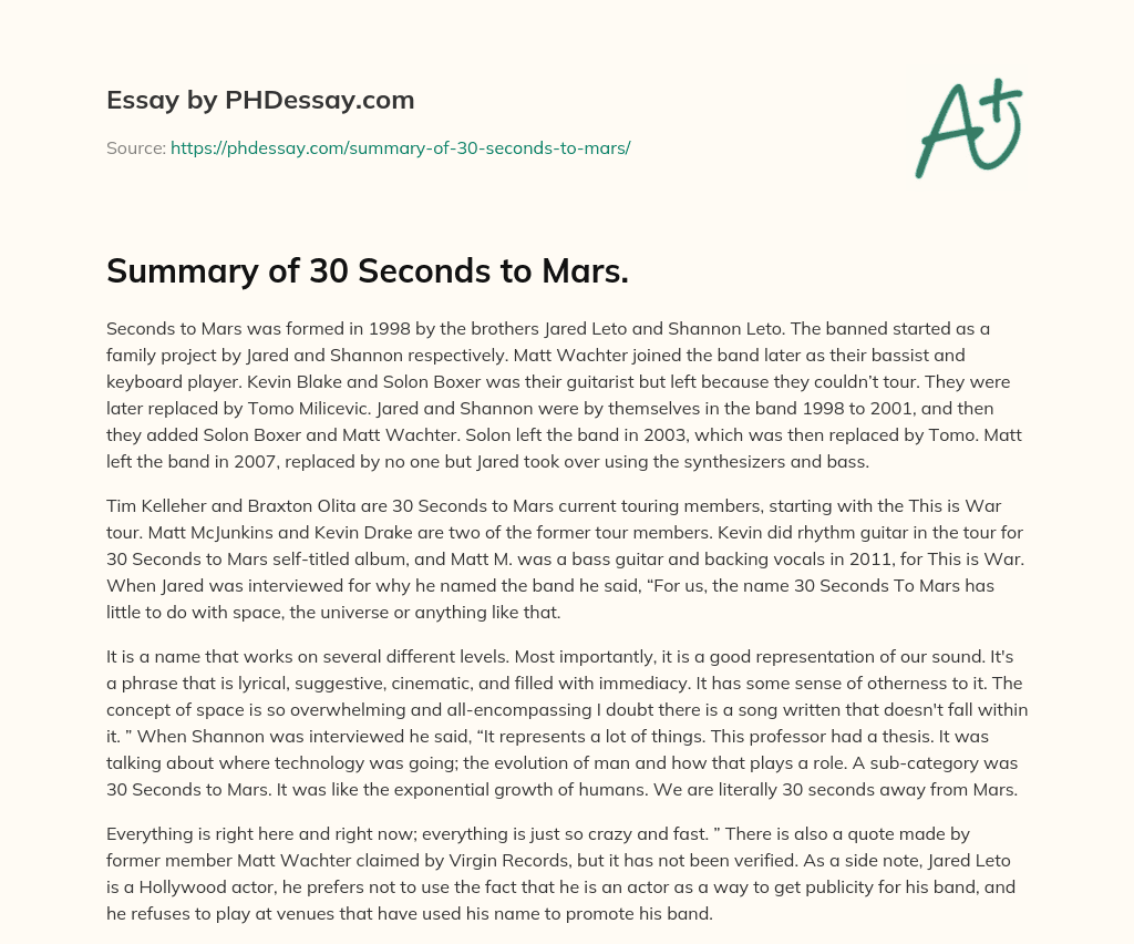 Summary of 30 Seconds to Mars. essay