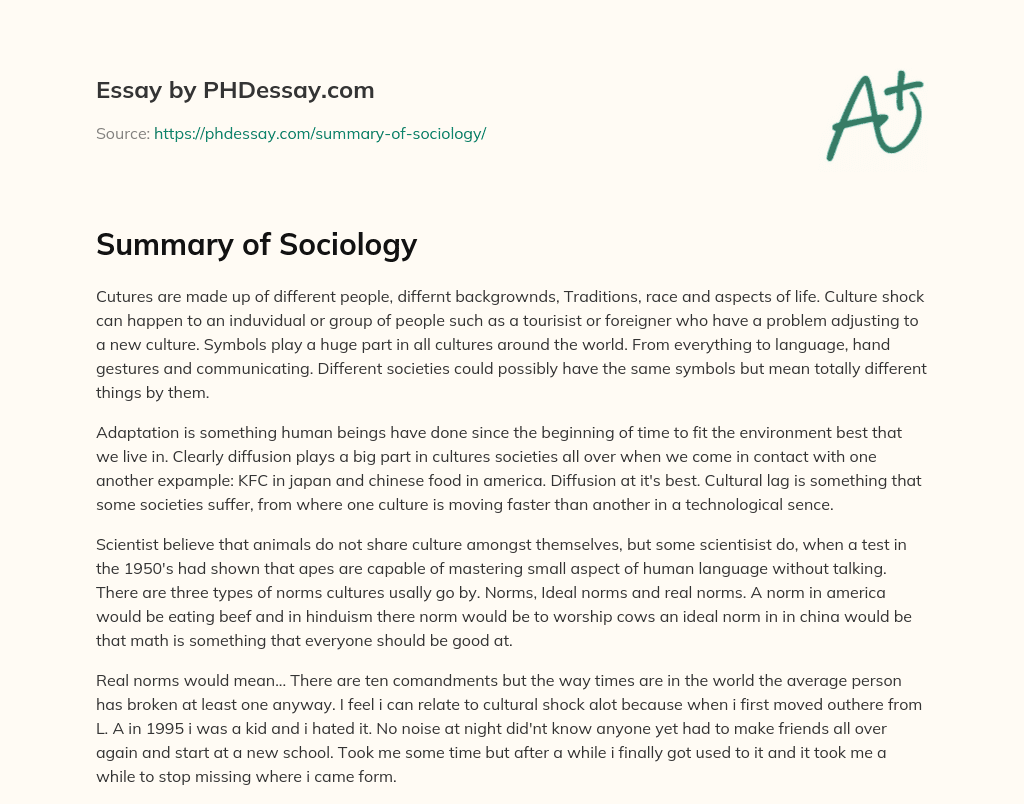 Summary of Sociology essay