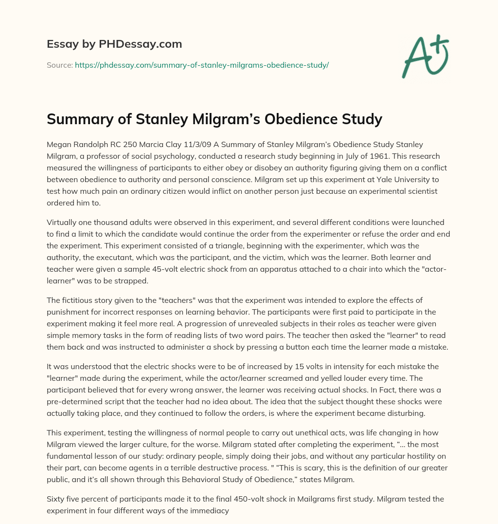 Summary of Stanley Milgram's Obedience Study essay