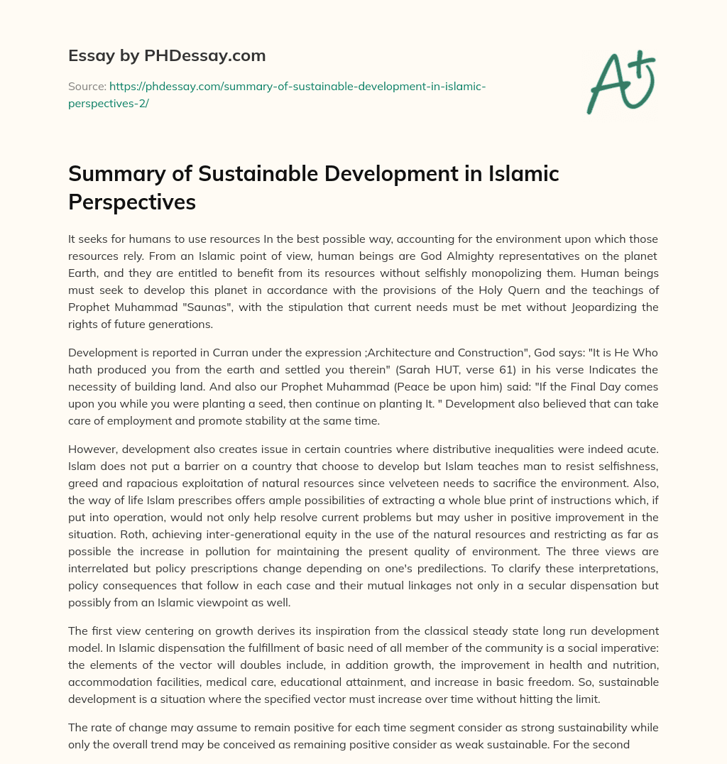 Summary of Sustainable Development in Islamic Perspectives essay