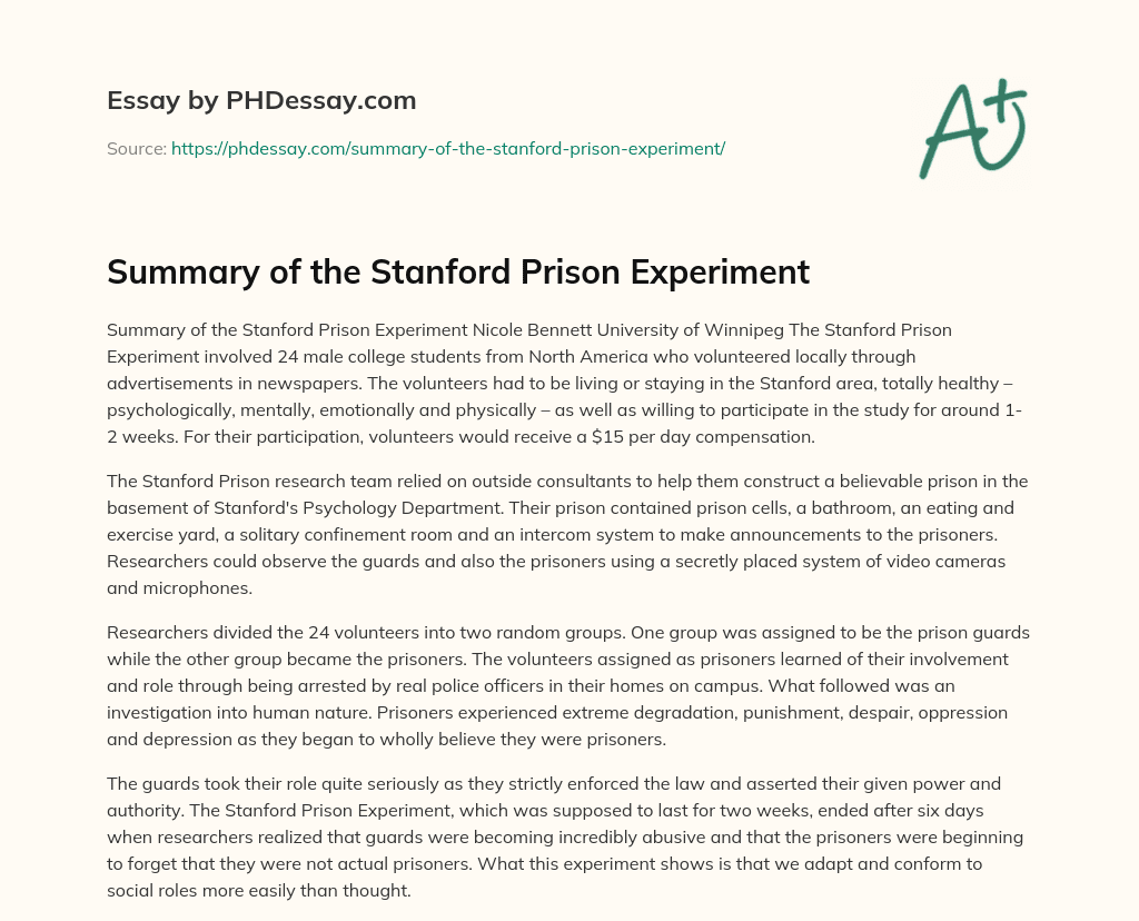 Summary of the Stanford Prison Experiment essay