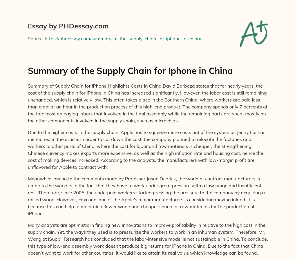 Summary of the Supply Chain for Iphone in China essay