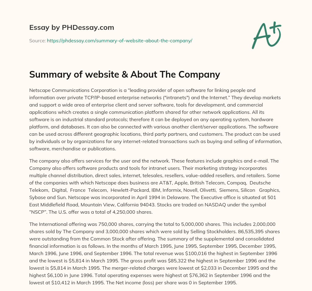 Summary of website &  About The Company essay