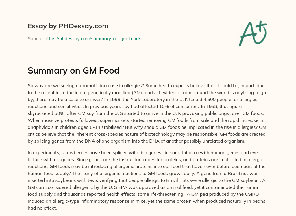 Summary on GM Food (300 Words) - PHDessay.com