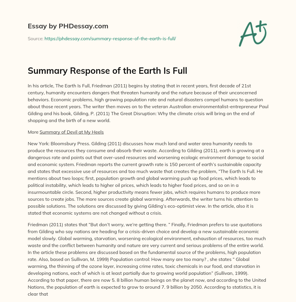 Summary Response of the Earth Is Full essay