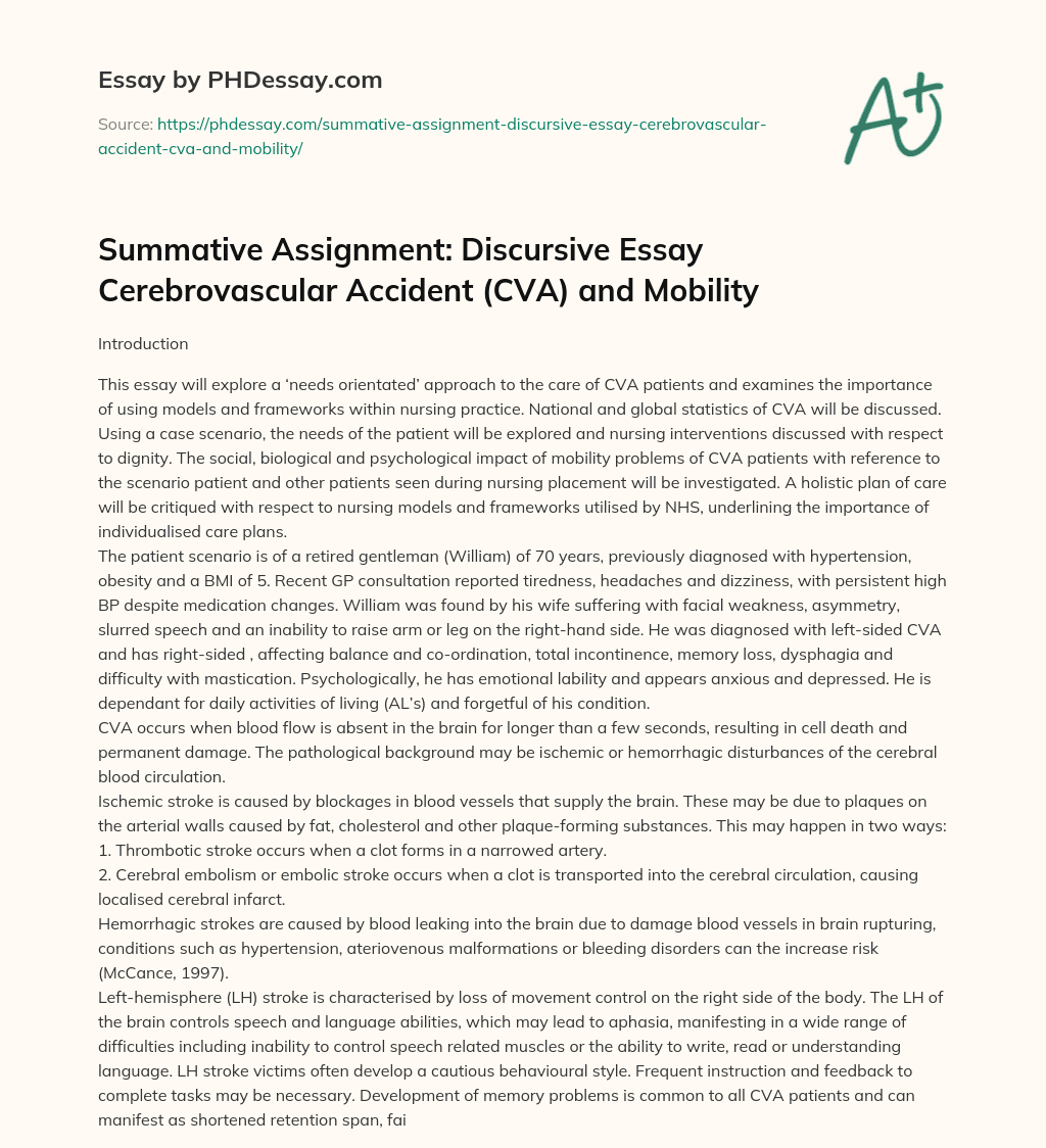 Summative Assignment: Discursive Essay Cerebrovascular Accident (CVA) and Mobility essay