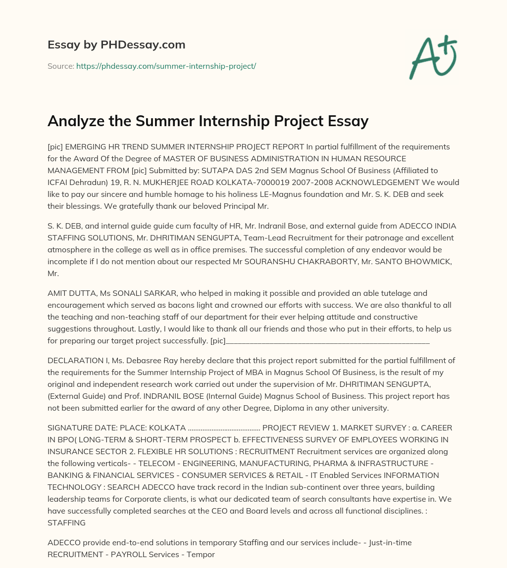 Analyze the Summer Internship Project Essay essay