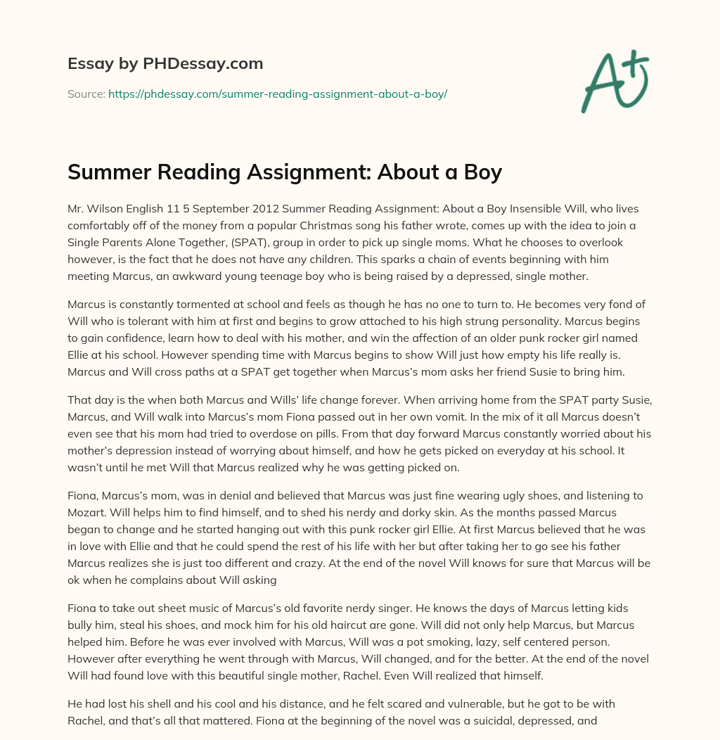 Summer Reading Assignment: About a Boy essay