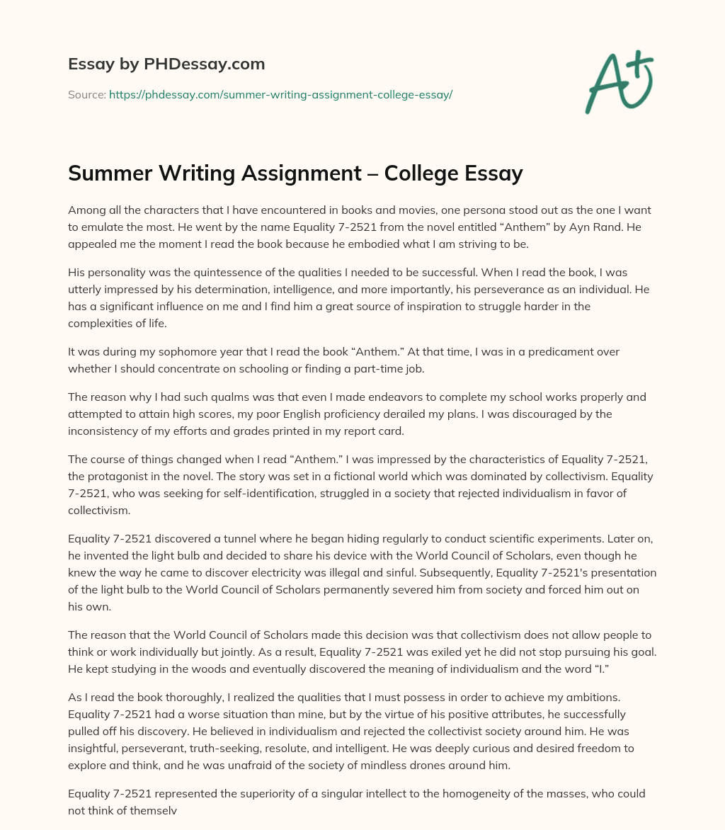 Summer Writing Assignment – College Essay essay