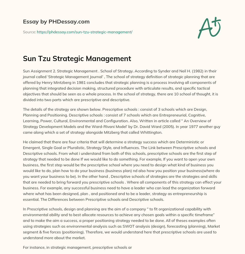 Sun Tzu Strategic Management essay
