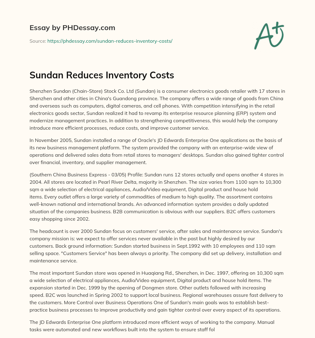 Sundan Reduces Inventory Costs essay
