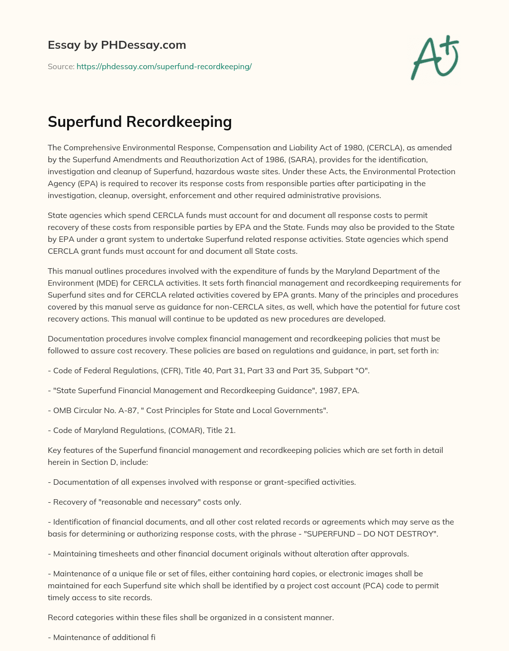 Superfund Recordkeeping essay