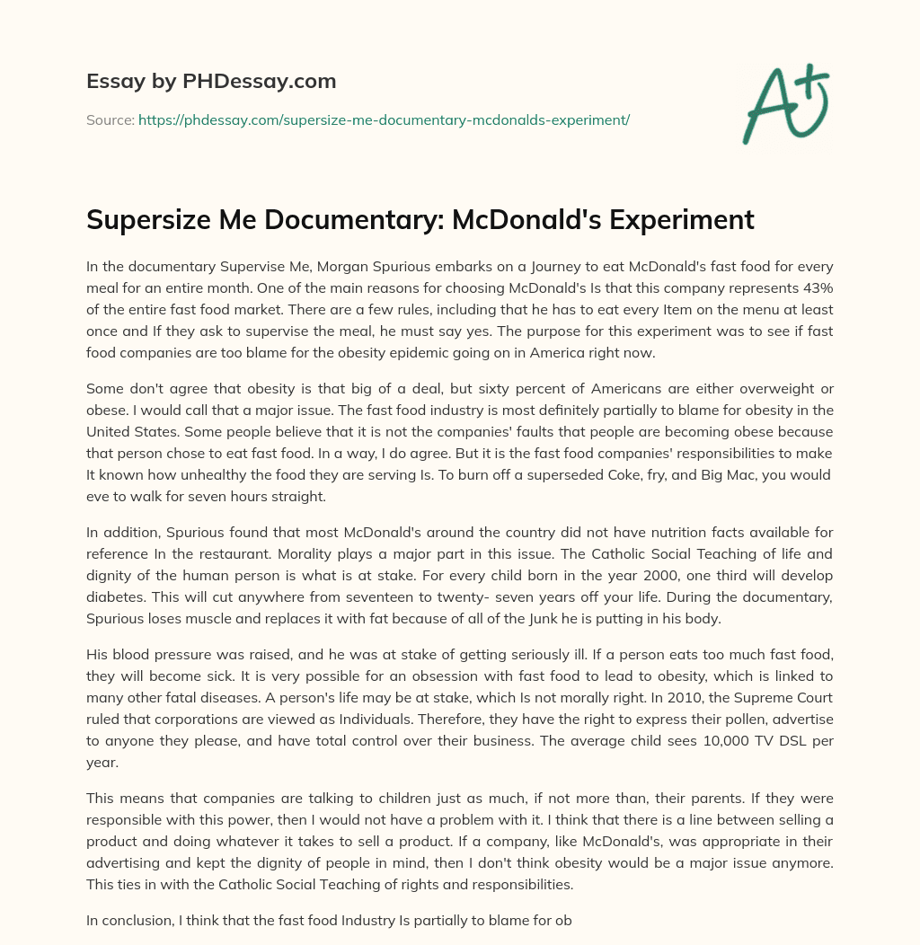Supersize Me Documentary: McDonald’s Experiment essay