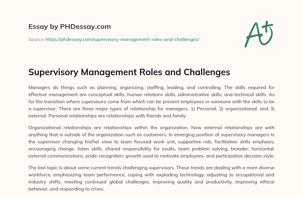 Supervisory Management Roles and Challenges essay