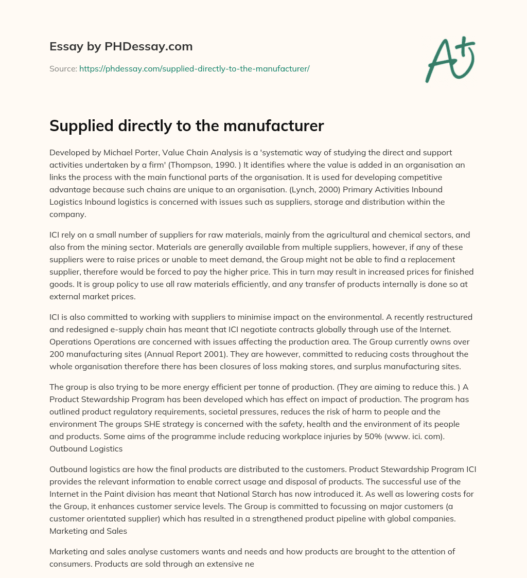 Supplied directly to the manufacturer essay