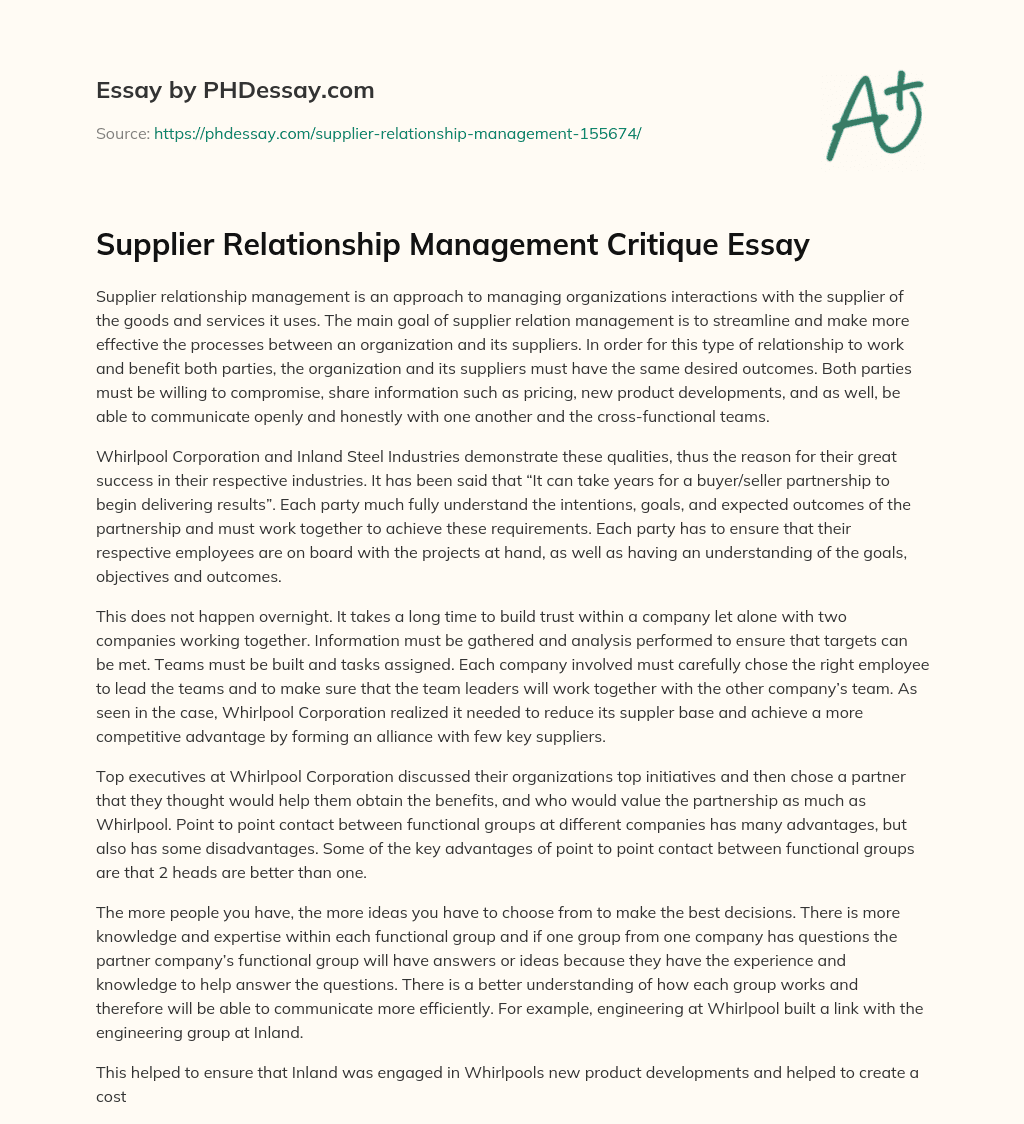 Supplier Relationship Management Critique Essay essay