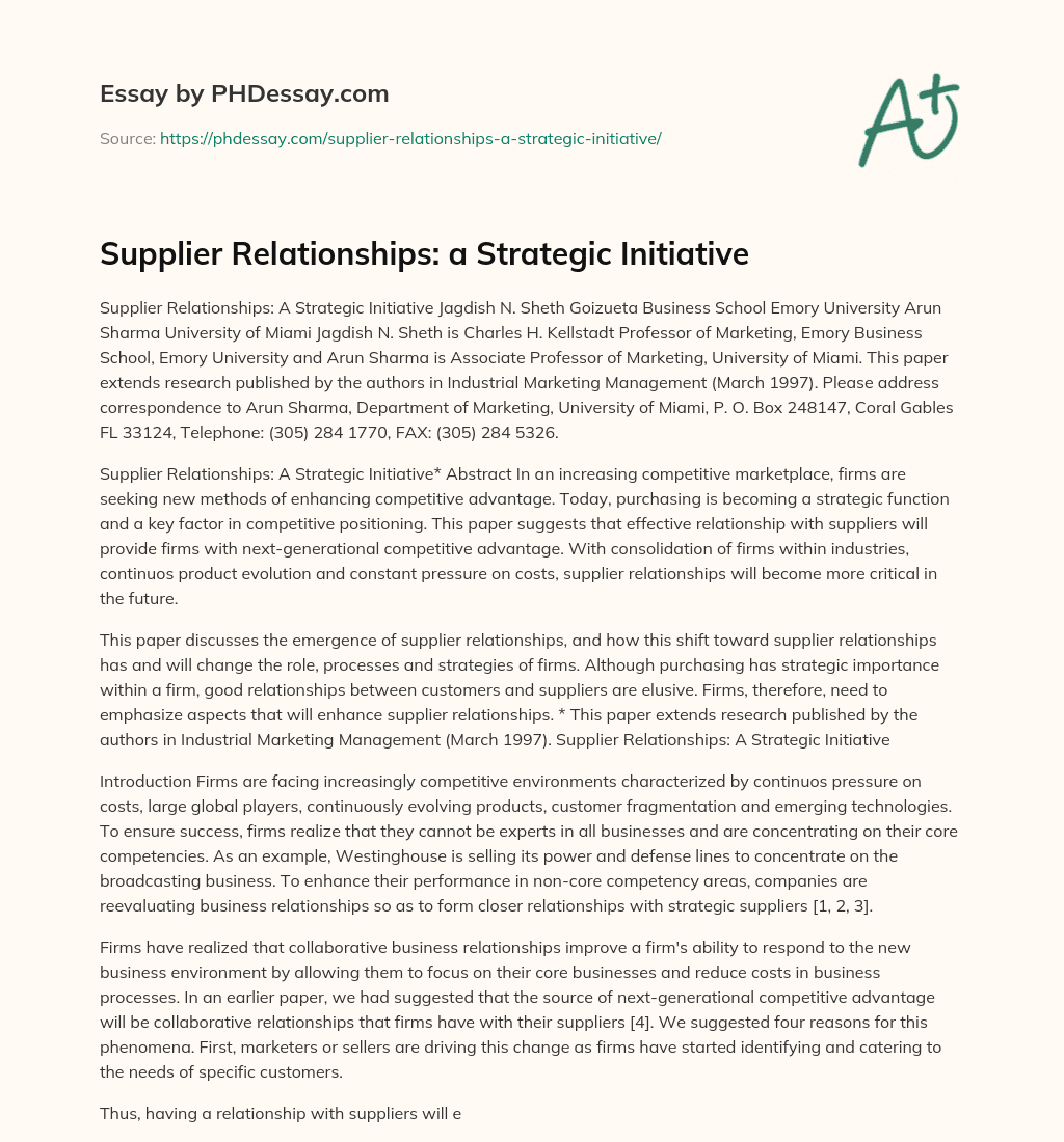 Supplier Relationships: a Strategic Initiative essay