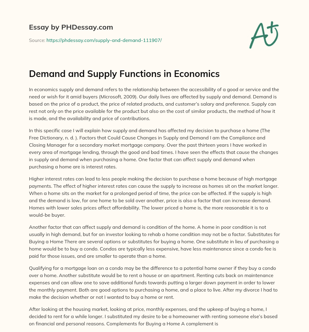 Demand and Supply Functions in Economics essay