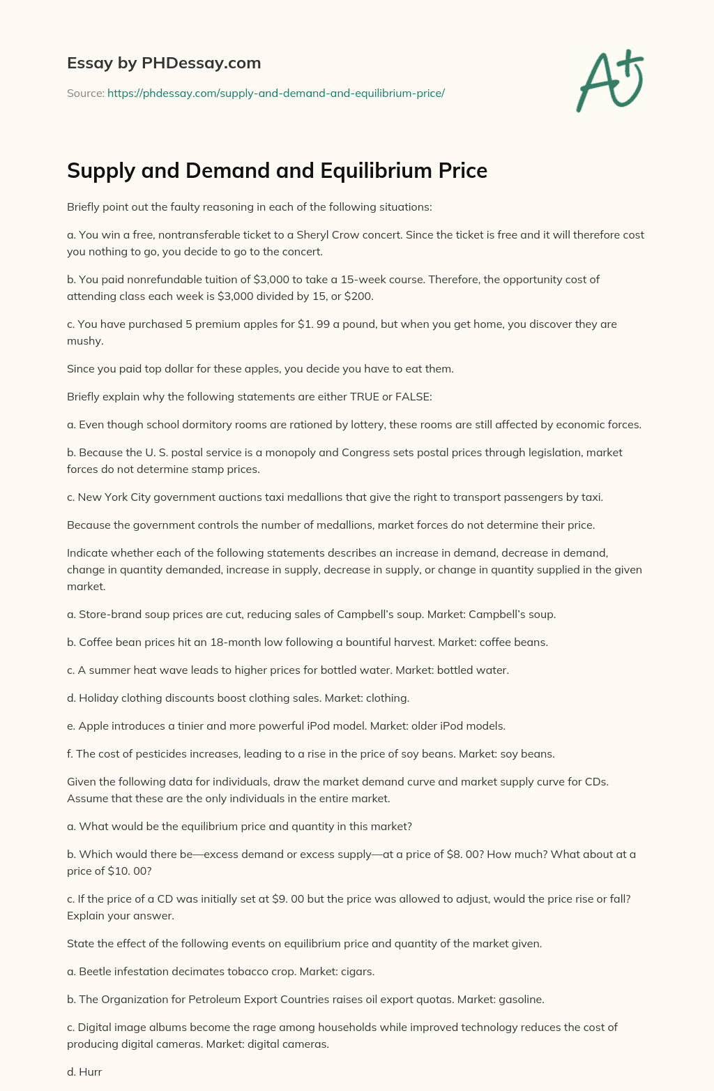 Supply and Demand and Equilibrium Price essay