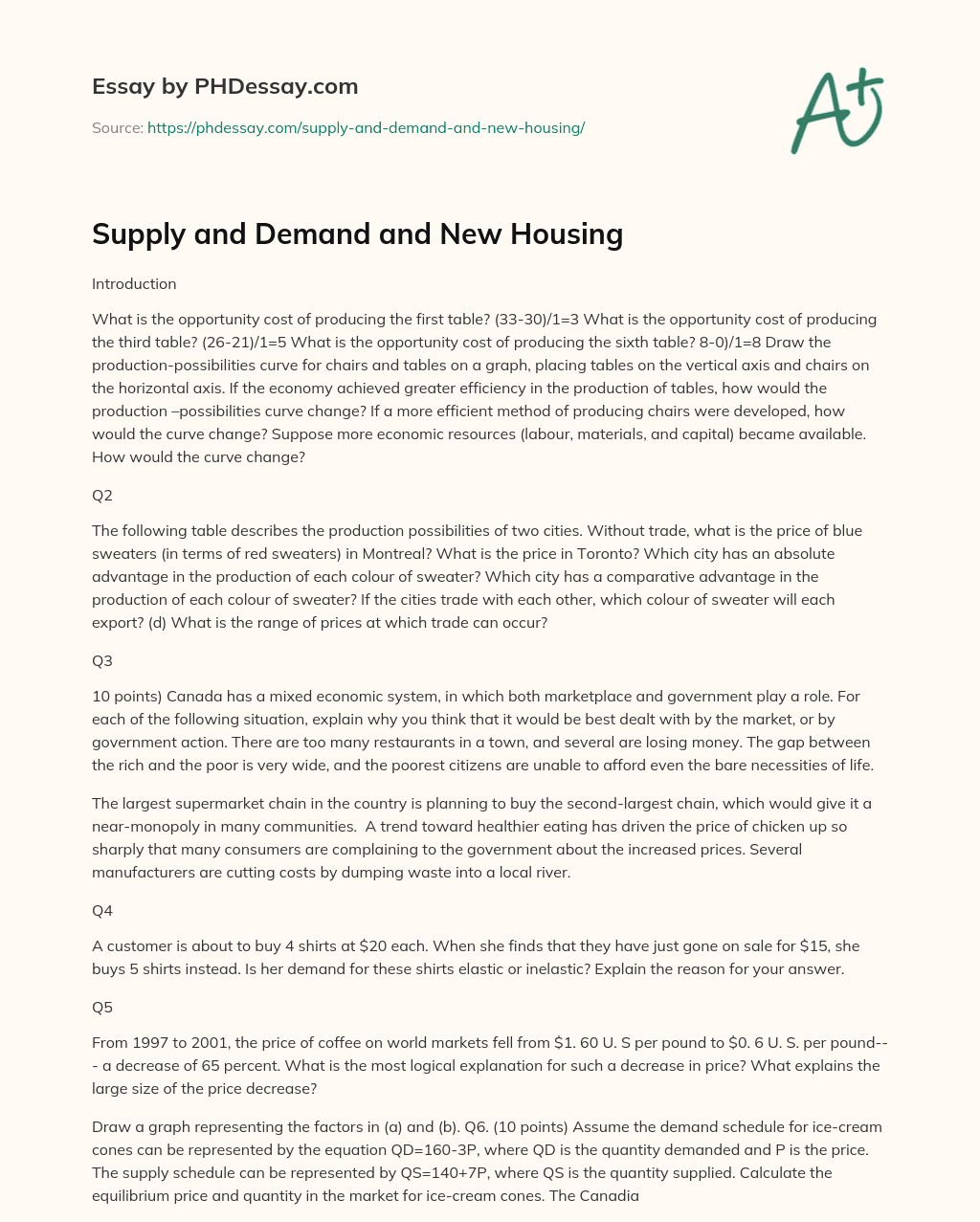 Supply and Demand and New Housing essay