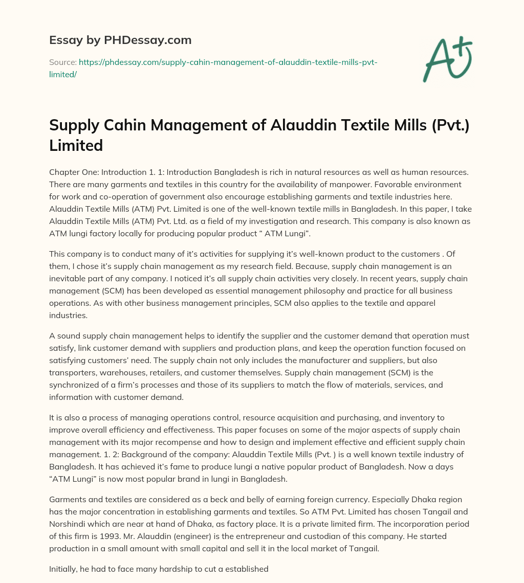 Supply Cahin Management of Alauddin Textile Mills (Pvt.) Limited essay