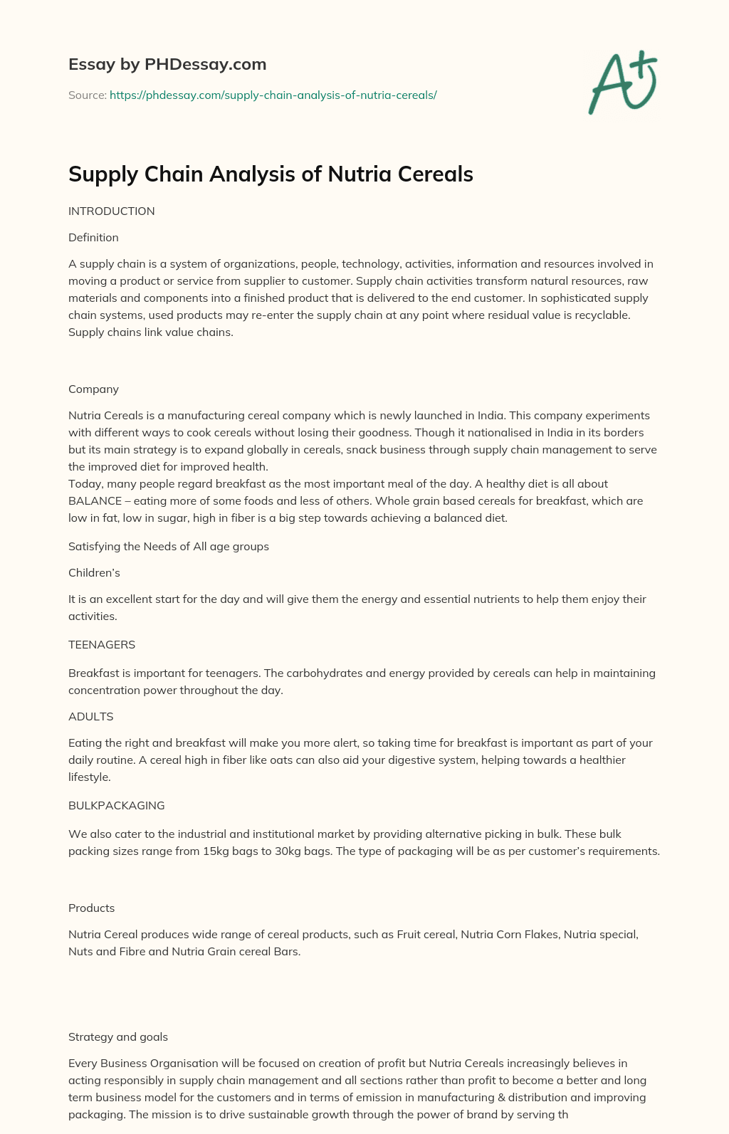Supply Chain Analysis of Nutria Cereals essay