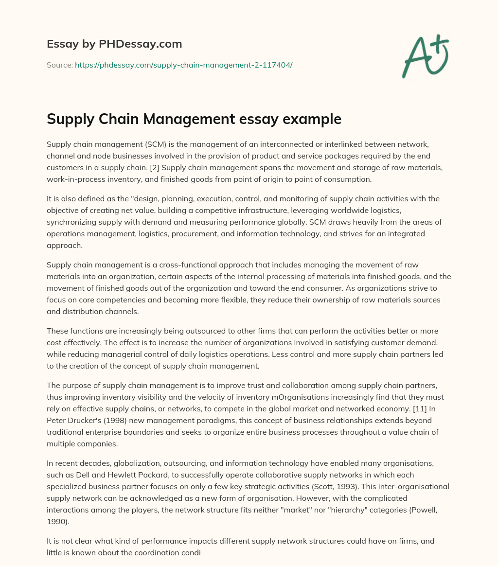 Supply Chain Management essay example essay