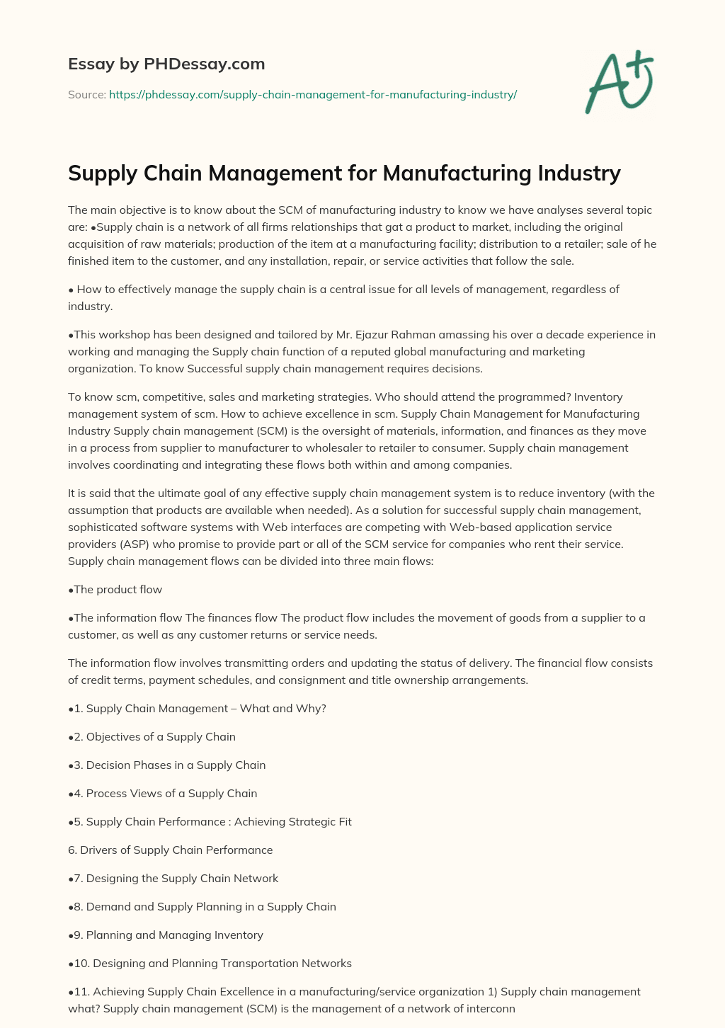 Supply Chain Management for Manufacturing Industry essay