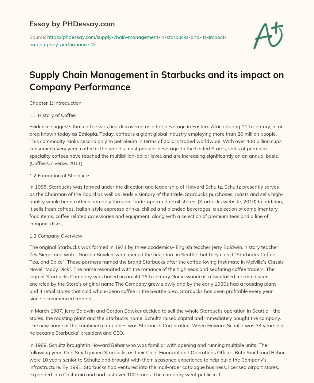 Supply Chain Management in Starbucks and its impact on Company Performance essay
