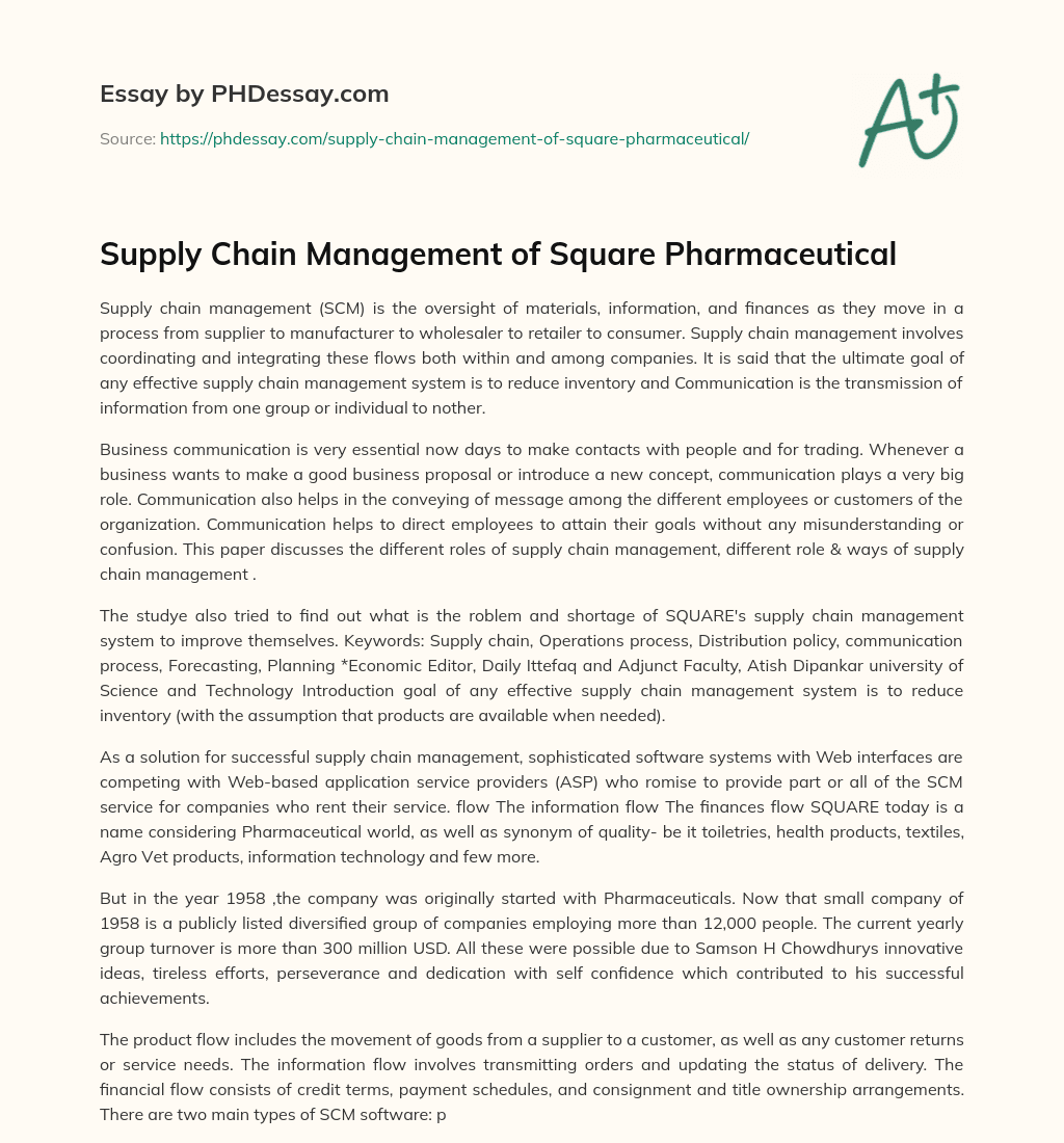 Supply Chain Management of Square Pharmaceutical essay