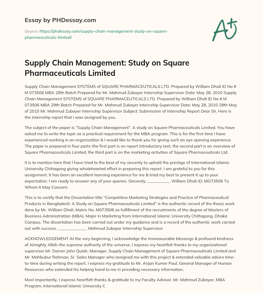 Supply Chain Management: Study on Square Pharmaceuticals Limited essay