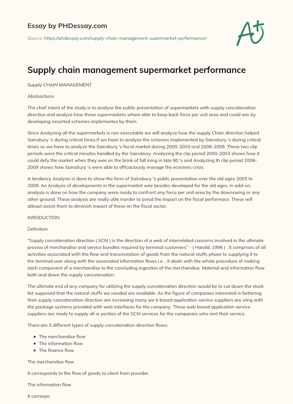 Supply chain management supermarket performance essay