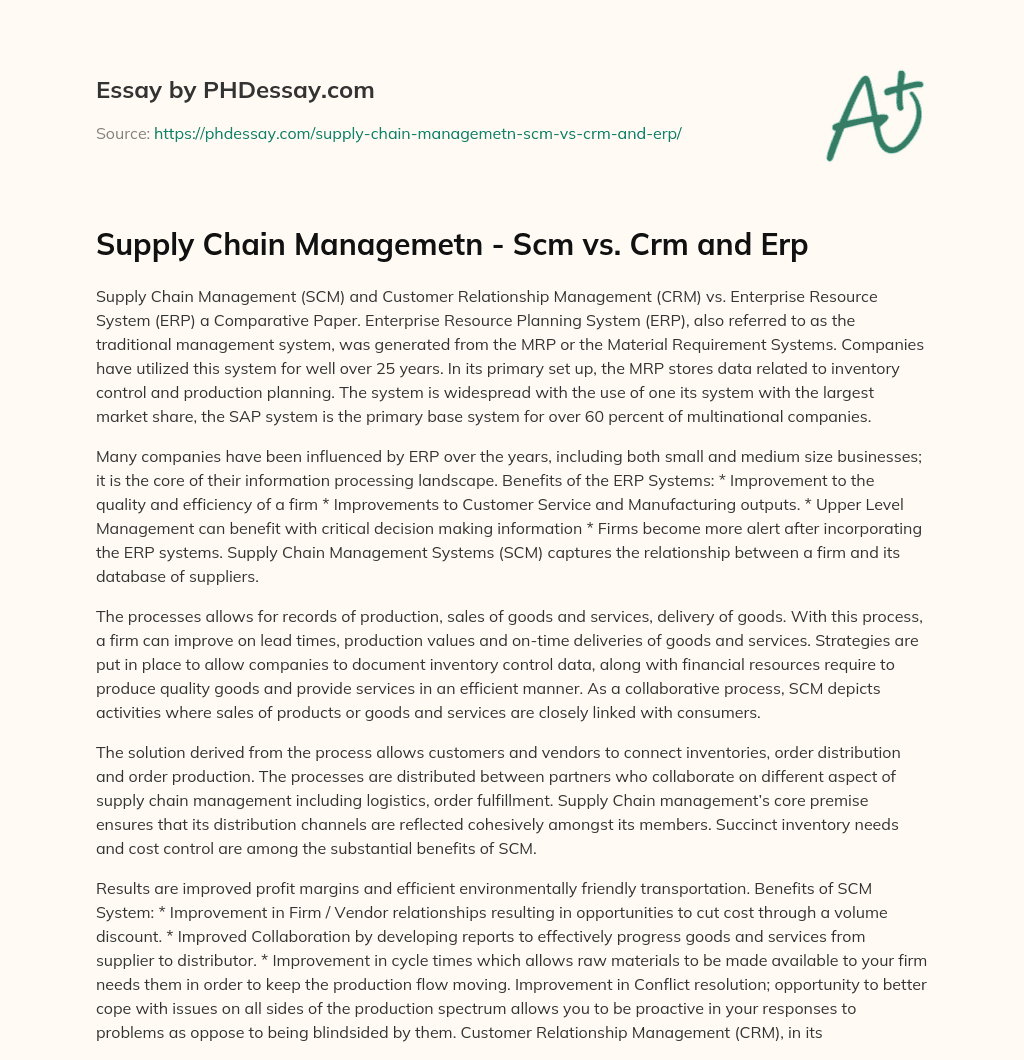 Supply Chain Managemetn – Scm vs. Crm and Erp essay