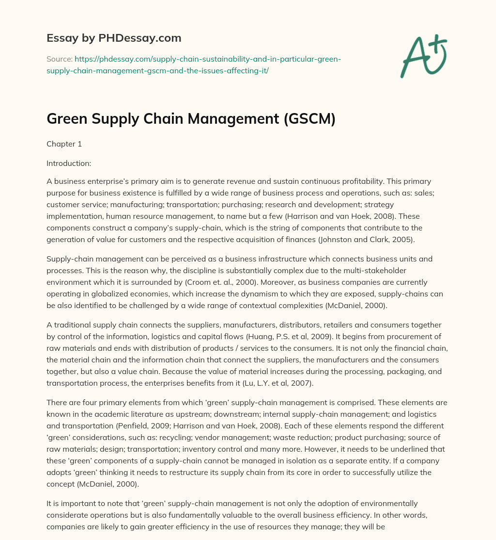 Green Supply Chain Management (GSCM) essay