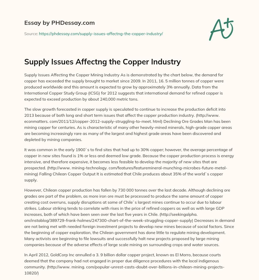 Supply Issues Affectng the Copper Industry essay