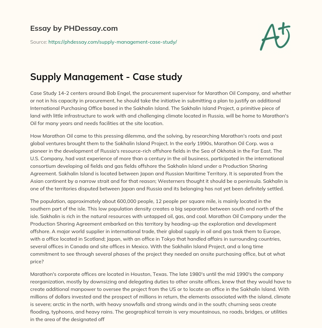Supply Management – Case study essay