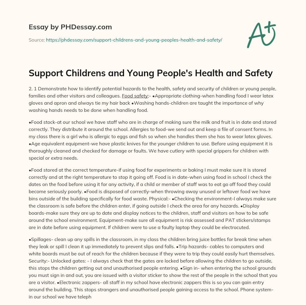 Support Childrens and Young People’s Health and Safety essay