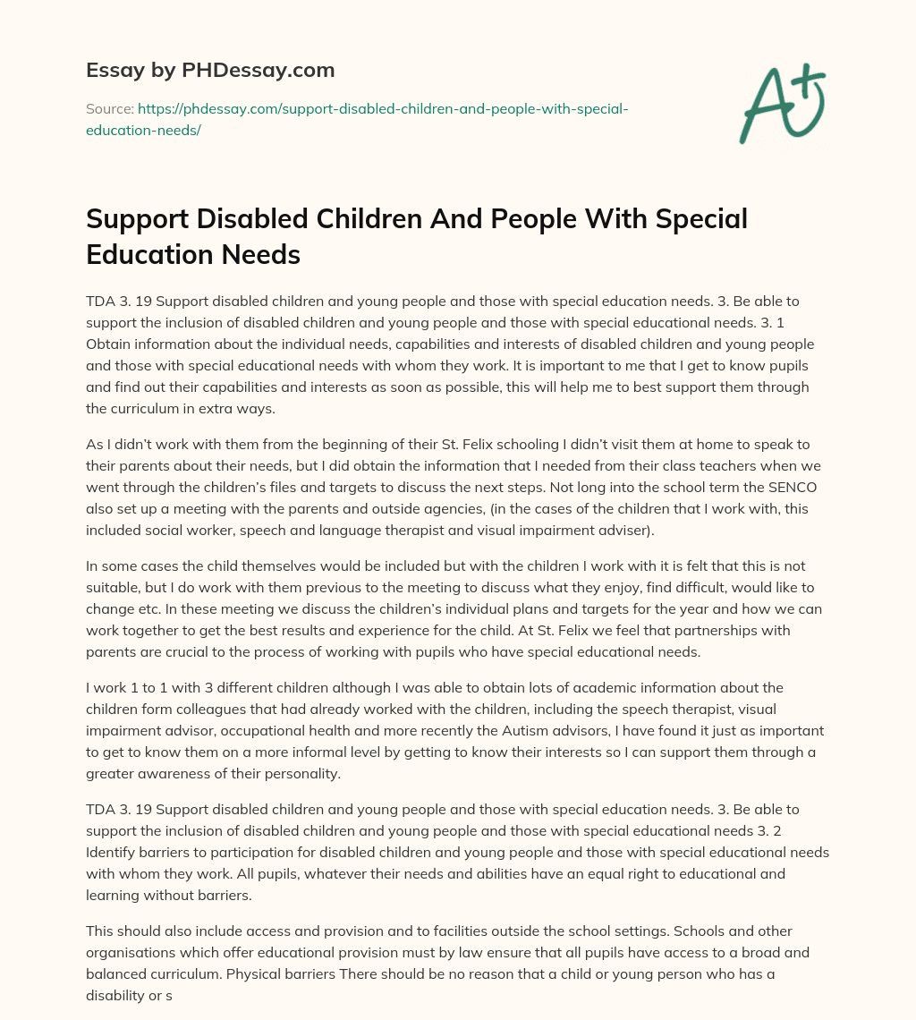 Support Disabled Children And People With Special Education Needs essay