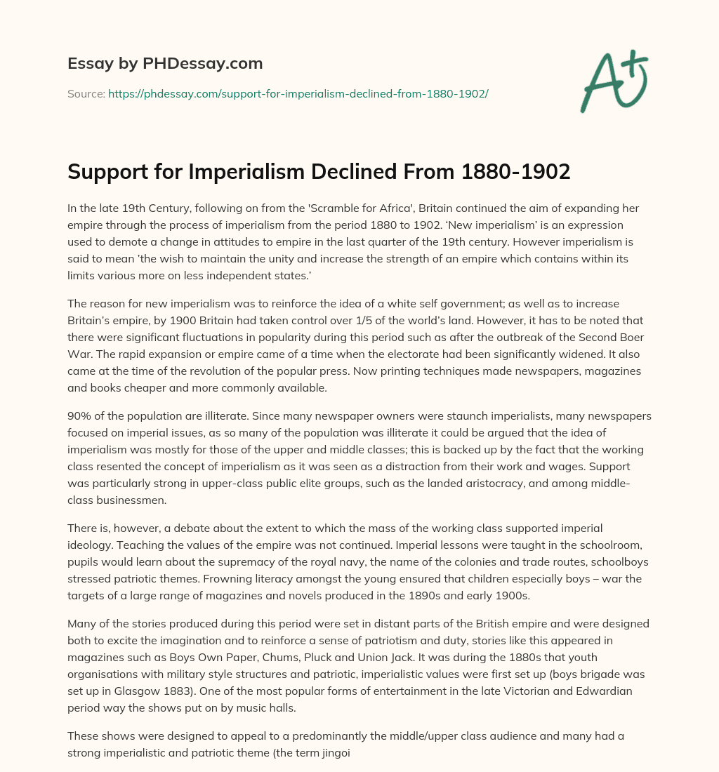 Support for Imperialism Declined From 1880-1902 essay